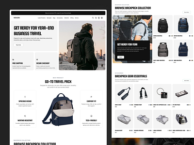 Nexura - Travel Gear Ecommerce Website accessories adventure bags business camping clean companion e commerce ecommerce gear hiking landing page shop store travel traveler ui ux web web design