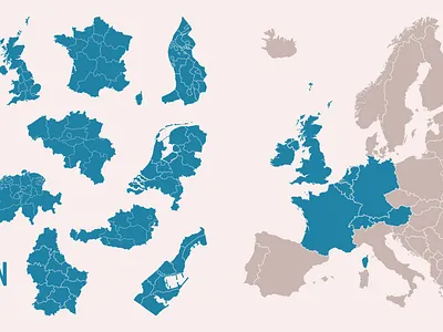 Detailed maps Europe divided, into parts and countries. banners europe europe map geography germany graphic design illustration parts set vector