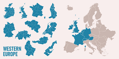 Detailed maps Europe divided, into parts and countries. banners europe europe map geography germany graphic design illustration parts set vector