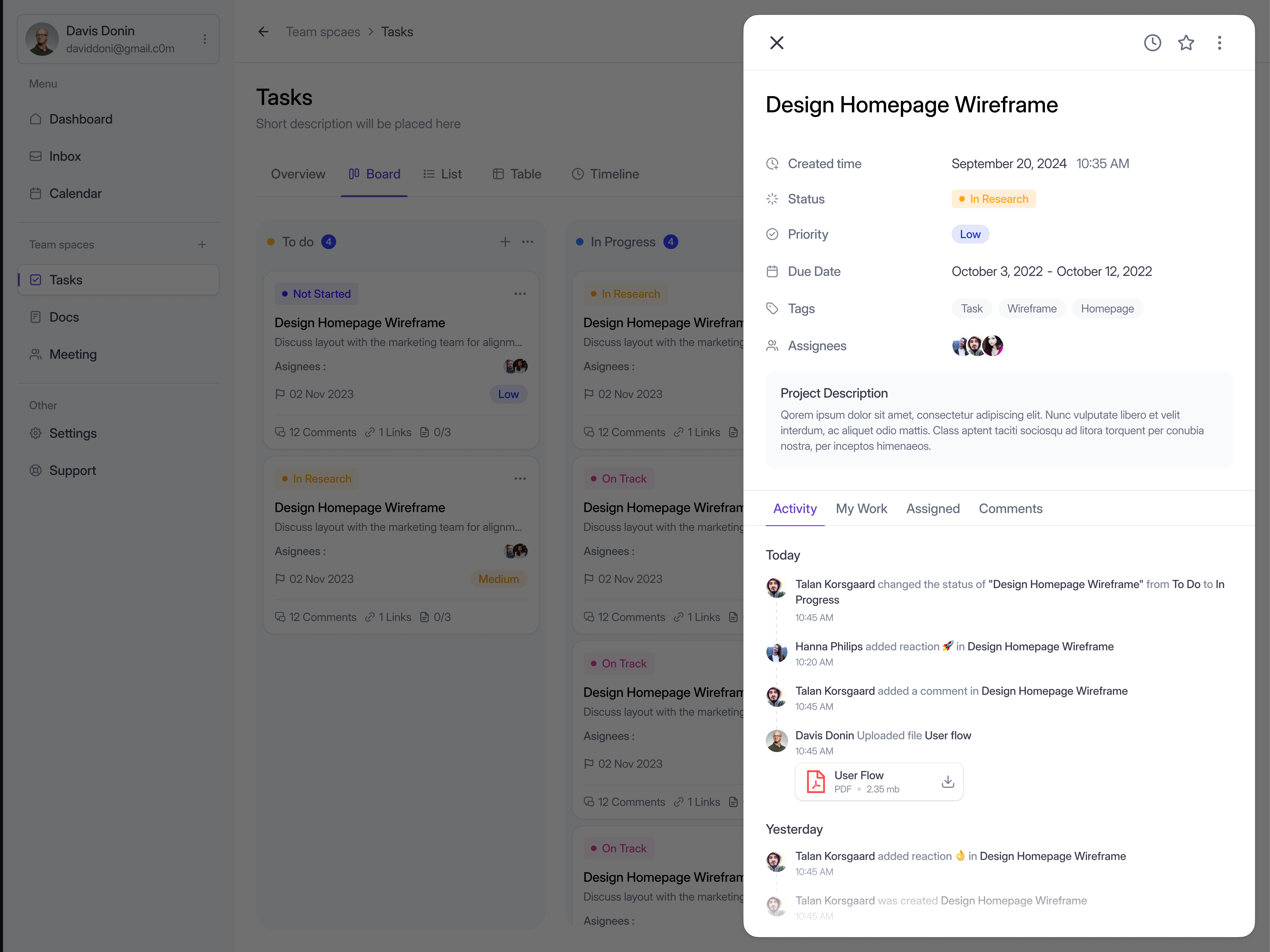 Example of Task Management Saas Web App - Detail Task Activity