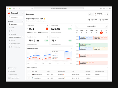 Coachadt - Personal Trainer Fitness Dashboard caledar calorie coach dashboard fitness gym health minimalist personaltraining saas sport task ui ux white workout
