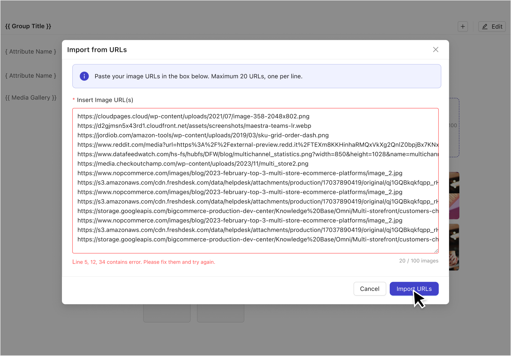 Bulk Image URLs Import b2b bulk actions bulk upload images. assets import images product saas table upload