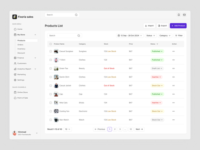 Sales Management Dashboard - Product List admin panel analytics case study crm dashboard ecommerce saas inventory management order product product list product table saas saas web app sales management statistic ux