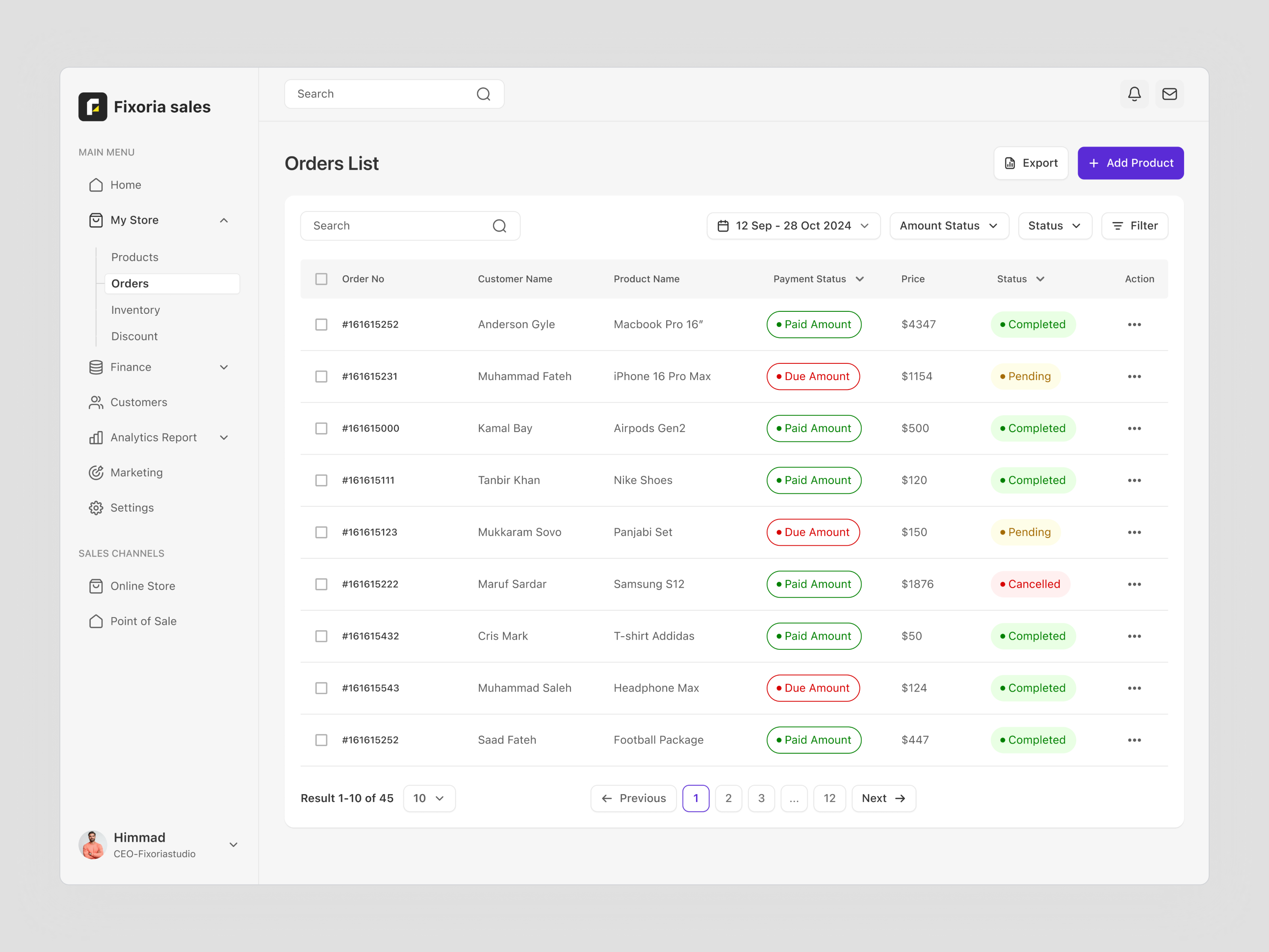 Sales Management Dashboard - Order List analytics cart crm dashboard ecommerce fixoria inventory order info order list payment product saas saas web app sales shipping track order tracking ux