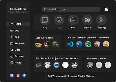 East West University Resource Sharing Platform - Bento UI bento ui card design dark dashboard ui landing page modern interface sidebar menu student platform ui university platform ux