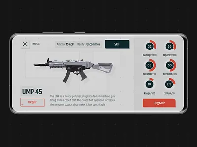 Weapon stats screen for UMP 45 design gameui interface ui uidesign