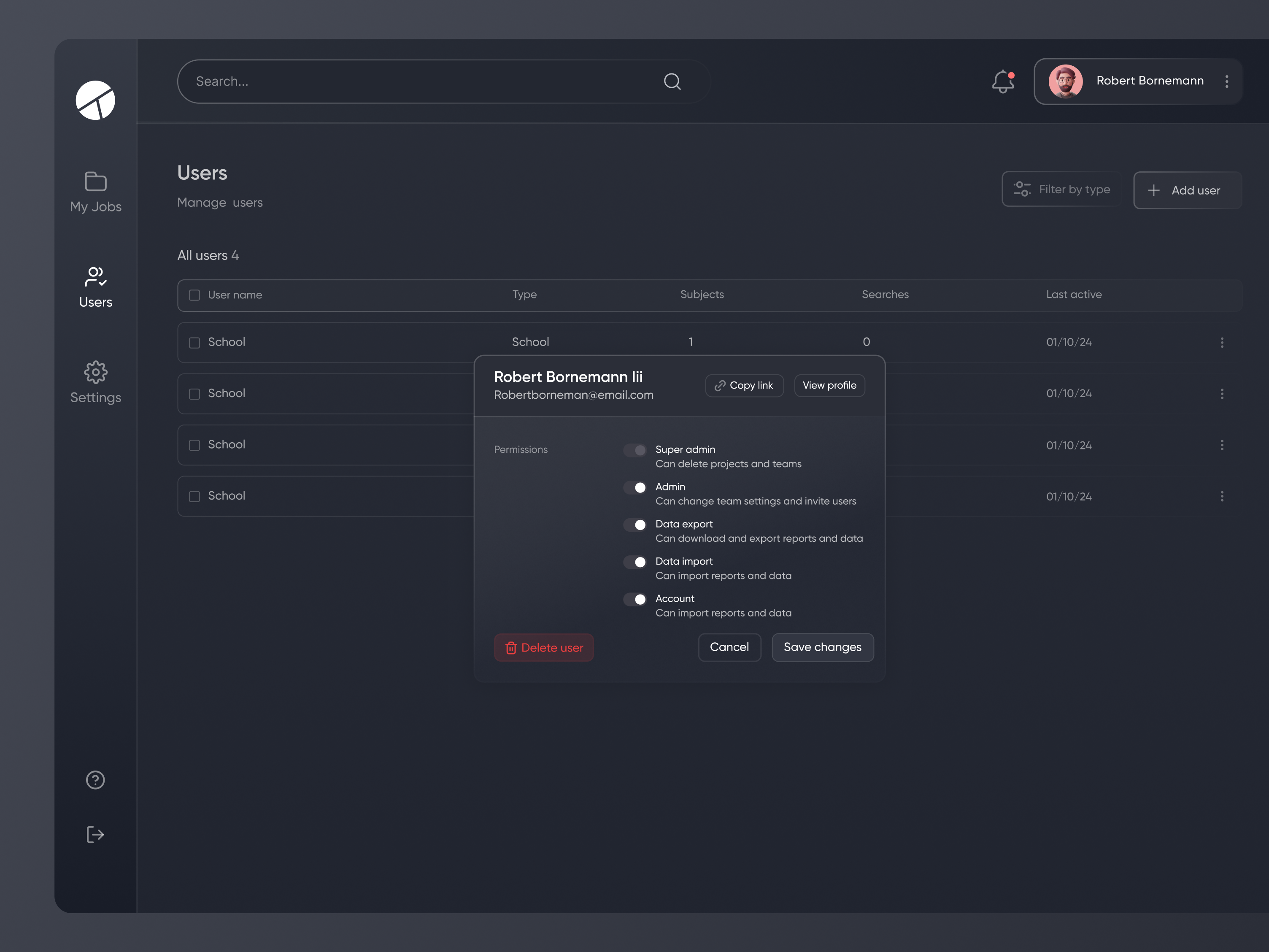 User management (Dark mode) clean dark mode dashboard design minimal navbar popup product sidenav ui ui design uiux user management ux