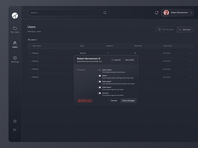 User management (Dark mode) clean dark mode dashboard design minimal navbar popup product sidenav ui ui design uiux user management ux