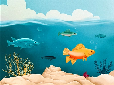 Underwater - From Fins to Feet art book children digital art education fish from fins to feet graphic design illustration illustrator museum ocean procreate sea sea creatures sea life seabed seaweed underwater world