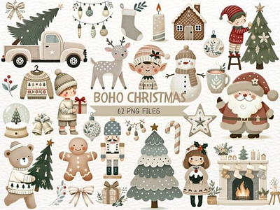 Cute Boho Christmas Watercolor Clipart 3d animation app branding design graphic design illustration logo motion graphics typography ui ux vector