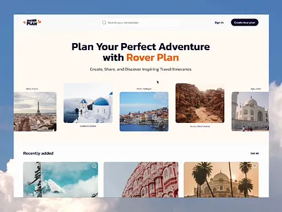 RoverPlan 🏝 Homepage v.2 itineraryplanner mobileappdesign travelapp traveldesign travelexperience travelguide travelillustration travelinspiration travelinterface travelplanner travelplanning travelui travelux travelwebsite tripplanner uiux vacationplanner