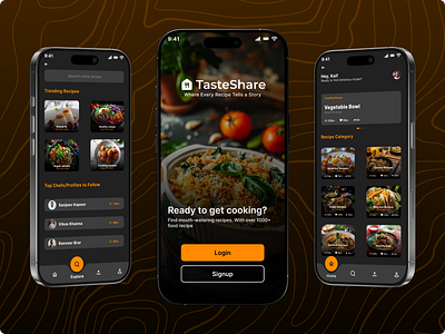 TasteShare - Food Recipe Mobile App (UI/UX Design) appdesign branding cleandesign creativedesign darkmode foodapp foodie foodrecipeui graphic design minimaldesign mobileapp modernui recipeapp recipesharing recipeui socialapp ui uidesign uiuxdesign uxdesign