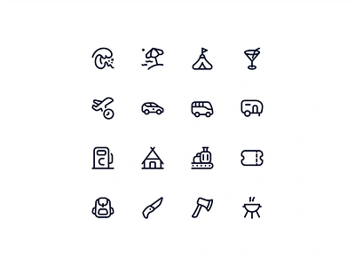 Neaticons Trip, Travel Icons - Linear Style backpack baggage claim barbecue grill beach umbrella branding bus camper car circus tent icon icon pack iconography icons itinerary neaticons ocean wave ticket travel trip wooden cottage 2