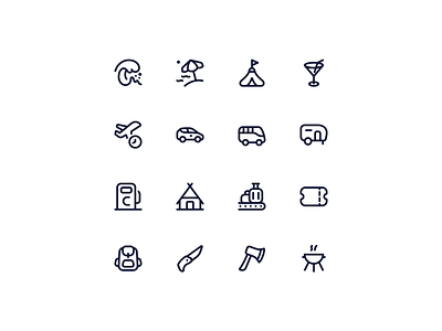 Neaticons Trip, Travel Icons - Linear Style backpack baggage claim barbecue grill beach umbrella branding bus camper car circus tent icon icon pack iconography icons itinerary neaticons ocean wave ticket travel trip wooden cottage 2