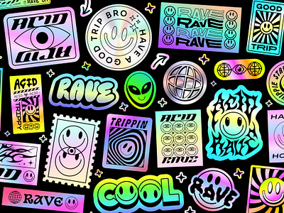 ACID RAVE HOLOGRAPHIC Y2K STICKERS SET 90s abstract acid art badge colorful cool futuristic gradient holographic illustration lsd metal new patch rave smile sticker trippy y2k