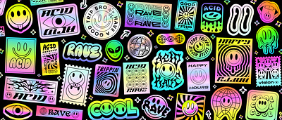 ACID RAVE HOLOGRAPHIC Y2K STICKERS SET 90s abstract acid art badge colorful cool futuristic gradient holographic illustration lsd metal new patch rave smile sticker trippy y2k