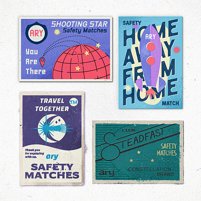 Space and Travel Themed Matchboxes artifact bazaar brand design matchbook matchbox art retro space branding space theme texture art travel brand travel theme vector graphics vector illustration vintage