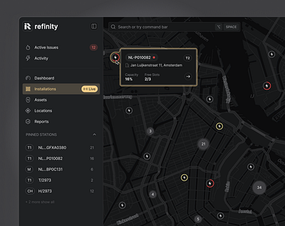 EV Stations Health Map application balasinski battery card dark eco friendly energy ev ev batteries ev stations map mobility navigation product design sass smart energy smart grid stations sustainable ui