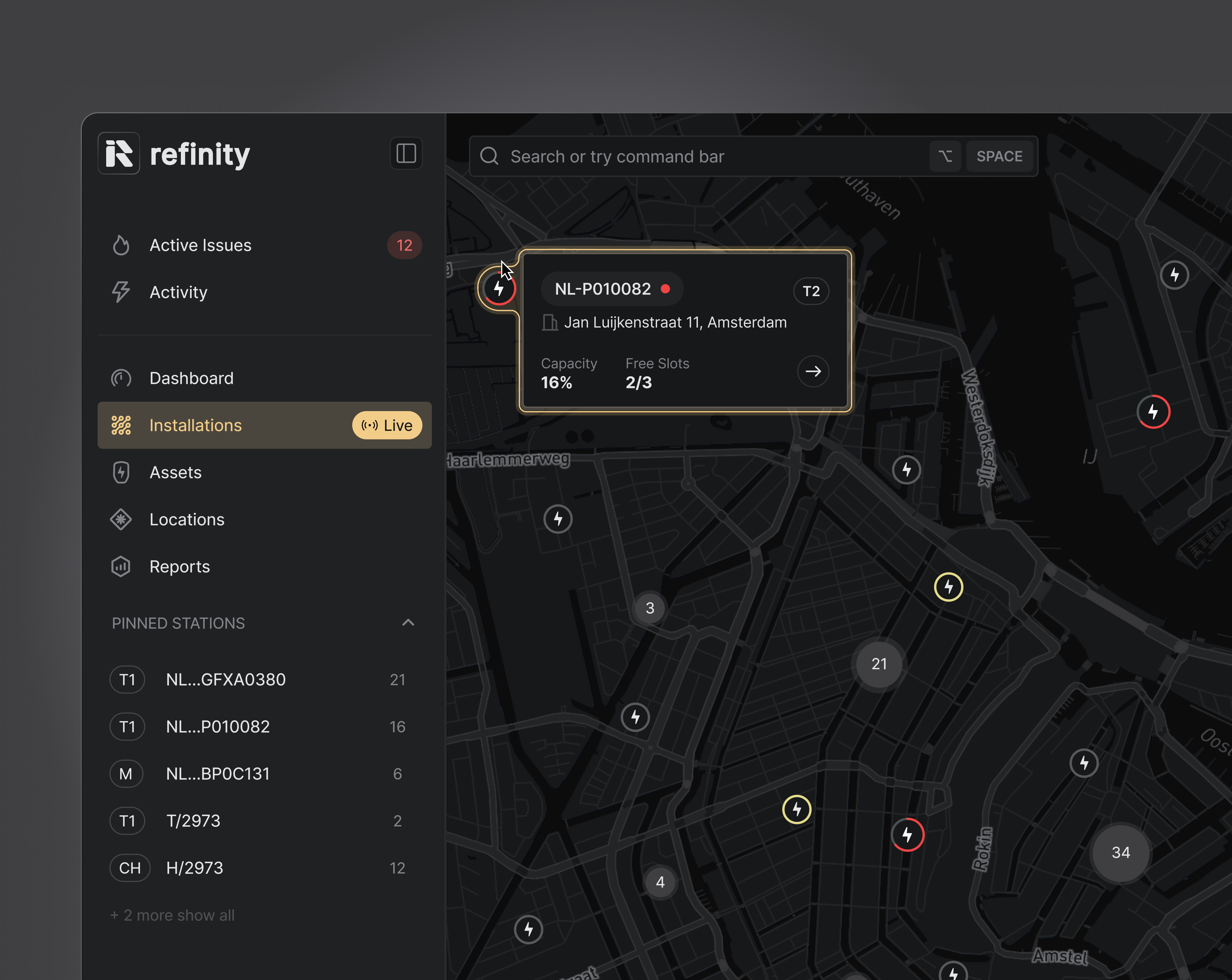 EV Stations Health Map application balasinski battery card dark eco friendly energy ev ev batteries ev stations map mobility navigation product design sass smart energy smart grid stations sustainable ui
