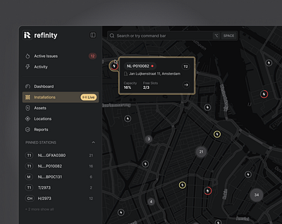 EV Stations Health Map application balasinski battery card dark eco friendly energy ev ev batteries ev stations map mobility navigation product design sass smart energy smart grid stations sustainable ui