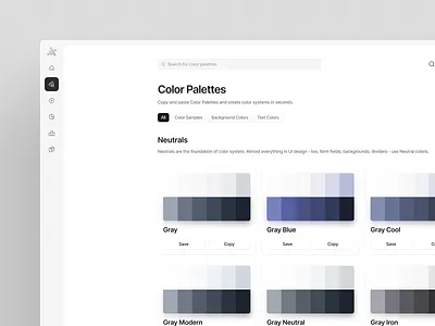 Color Palettes Page - Concept Design branding clean color palette color palettes colors concept design design library design minimal minimalist search bar sidebar ui ux web app web app design web design web page website website design