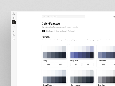 Color Palettes Page - Concept Design branding clean color palette color palettes colors concept design design library design minimal minimalist search bar sidebar ui ux web app web app design web design web page website website design