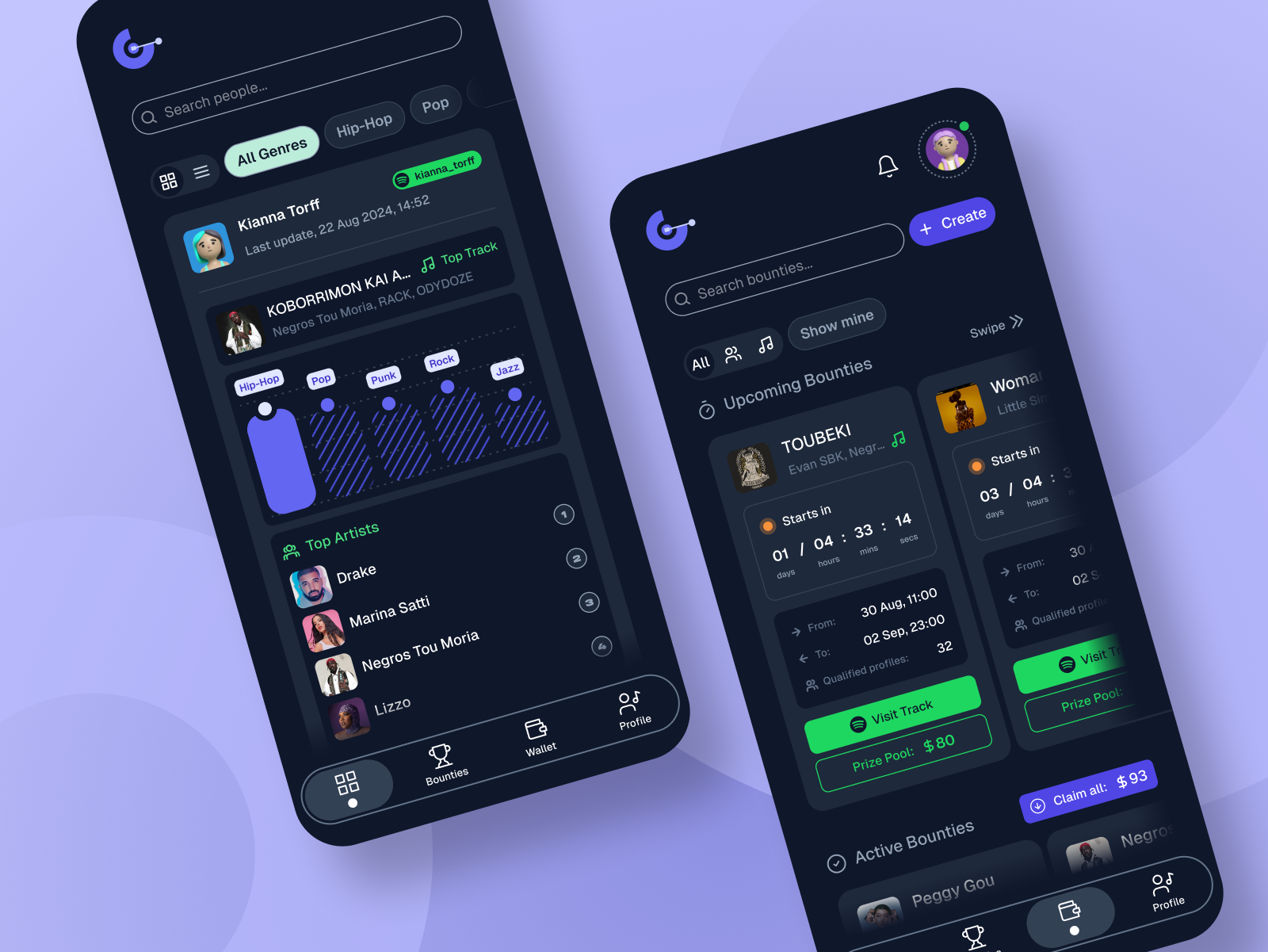 GrooveGraph - Music Analytics App bar chart bounties charts crypto dark ui logo mobile app music music analytics music stats onboarding profile spotify statistics stats ui user interface ux wallet web3