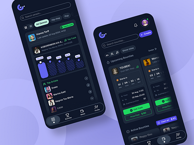 GrooveGraph bar chart bounties charts crypto dark ui logo mobile app music music analytics music stats onboarding profile spotify statistics stats ui user interface ux wallet web3