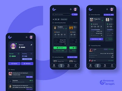 GrooveGraph bar chart bounties charts crypto dark ui design logo mobile app music music analytics music stats onboarding profile spotify statistics stats ui user interface ux wallet