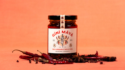 Gini Maya - Sri Lankan Chilli Oil Packaging brand concept branding chilli oil graphic design hot sauce illustration jar packaging packaging design spices sri lanka