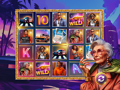 Miami nightlife 2d art animation casino casino game character design gambling graphic design illustration l gaming miami original design policeman slot game ui ui ux game