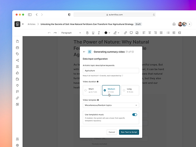 Newsroom AI feature: Generating a video based on an article ai article artificial intelligence dashboard journalism journalist management system newsroom polish agency saas software steps user interface video generating