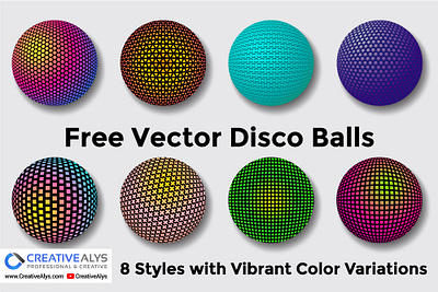 Free Vector Disco Balls – 8 Unique Styles and Colorful Variation 3d disco balls color combination color variations design disco balls free vectors graphic design stylish disco balls vector vector disco balls vector discoballs