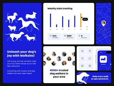 Walksies bento app application bento bento design blue design doggos dogs graphic design grid illustration mobile ui ux