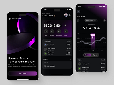 WiseWallet - Mobile Fintech Application app design banking banking application design finance app finance application fintech app fintech application ios mobile app mobile app design mobile application product design ui ui design uiux uiux design ux