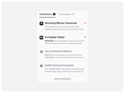 Notification 🔔 attention bell card clean component dashboard design finance icon information interface list message minimal notice notification saas simple ui unread