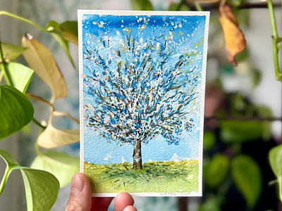 Pommier - Apple Tree 🍎 - L'alphabet de mon jardin 2024 apple apple tree art beauty blossoming blue contemplation flowers garden gouache green illustration natasha gonzalez nature poetic pommier traditional artist uplifting watercolors white