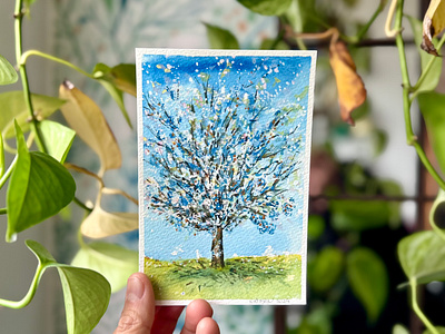 Pommier - Apple Tree 🍎 - L'alphabet de mon jardin 2024 apple apple tree art beauty blossoming blue contemplation flowers garden gouache green illustration natasha gonzalez nature poetic pommier traditional artist uplifting watercolors white