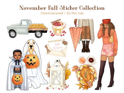 November Autumn Sticker Collection 2d illustration autumn character design clipart design digital art editorial fall fashion food halloween print pumpkins sticker thanksgiving