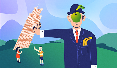 always carry a healthy snack apple character character design emotion illustration italy leaning tower of pisa magritte painting pisa tourist tower travel