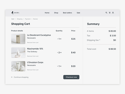 User-Friendly Checkout Flow for ADORA E-commerce Store checkout clean design e commerce minimal modern modern design simple skin care store ui ui design ui ux uiux user interface ux uxui web web design website