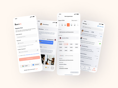 Bookin UX/UI Case Study admin app application authorisation book appointment bookin booking app calendar case study chat dashboard login management message messenger mockups register salon app ui uiux