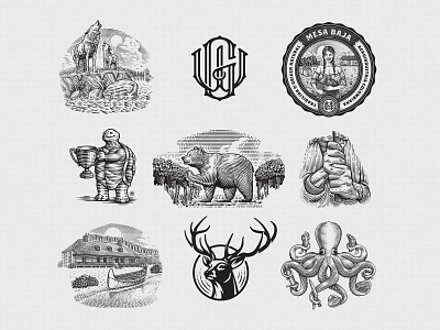 Emblems Set badge bear branding deer emblem design engraving illustration lineart linework logo set monogram octopus restaurant scratchboard tortoise traditional turtle vineyard whiskey wolf