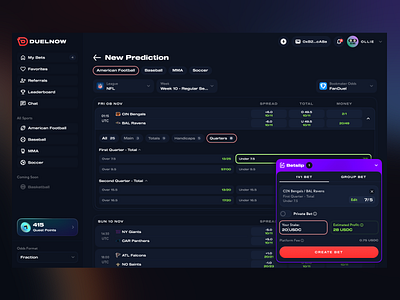 DuelNow - Bet Your Way bet betslip betting crypto crypto currency darkmode dashboard finance fintech marketplace sport betting ui