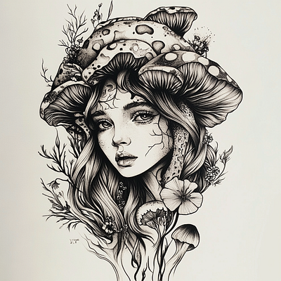 Monochrome Mushroom Girl Sketch art black and white design face female graphic design human illustration logo monochrome mushroom portrait