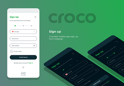 Crocobet mobile app sign up flow design flow mobile redesign signup ui