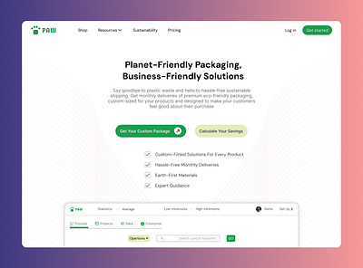 Paw - Eco-Friendly Packaging Solutions Landing Page biodegradable brandidentity carbonfootprint circulareconomy ecofriendly ecopackaging environmentaldesign landing page minimal minimalistic packaging plasticfree product design recyclable smallbusiness sustainabledesign ui uiux visualidentity zerowasteliving