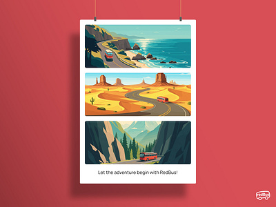 Poster concept for RedBus - AI Generated adventure beach bus camping desert digital illustration explore flat design flight illustration landscape modern poster poster design redbus retro travel ux wild world