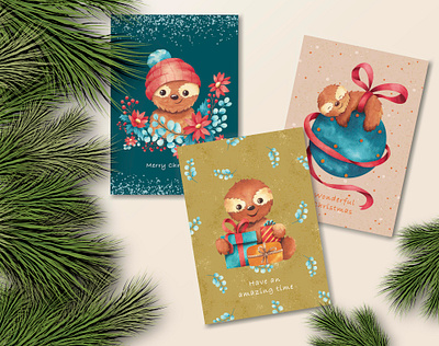 Set of watercolor Christmas cards children illustration christmas christmas cards christmas illustration christmas watercolor cute illustration greeting cards happy new year merry christmas new year sloth illustration watercolor illustration winter illustration