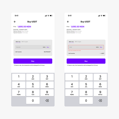 Buy USDT pages on an Exchange App design figma ui ux web3